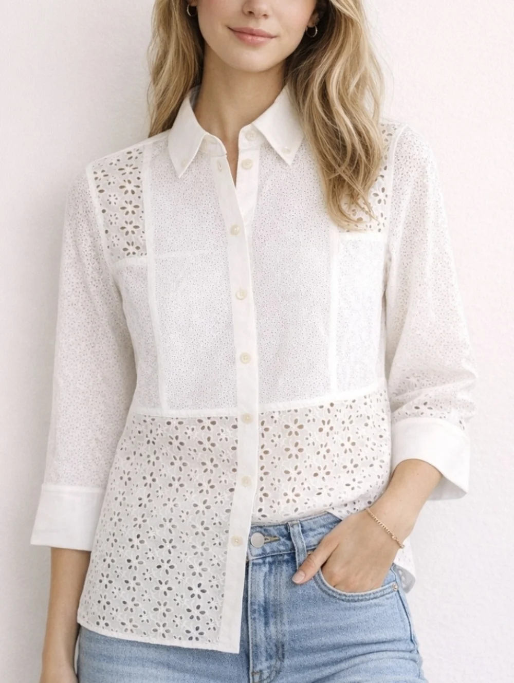 Tory Burch Cream & White Eyelet Lace Femine Button-Up Blouse Romantic Size 6